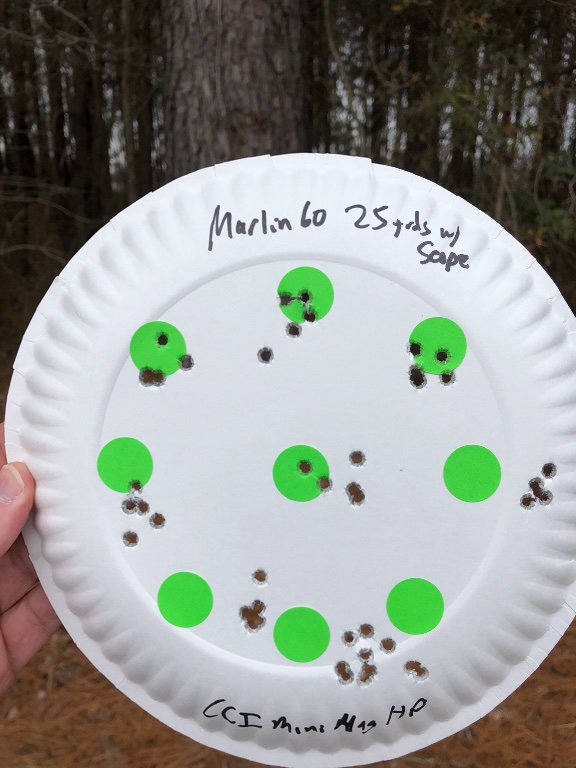 Marlin 60 at 25 yards. The groups were shot left to right top to bottom. Notice how the groups drift to the right after the first 3 or four strings.