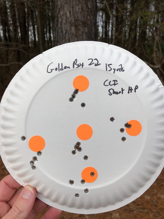 Shot some CCI Short HP with the Golden Boy at 15 yards. Not terrible for such a large front sight.