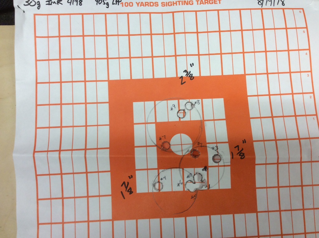 30g IMR 4198, 405g LRNFP, 100yds, 1370 FPS.