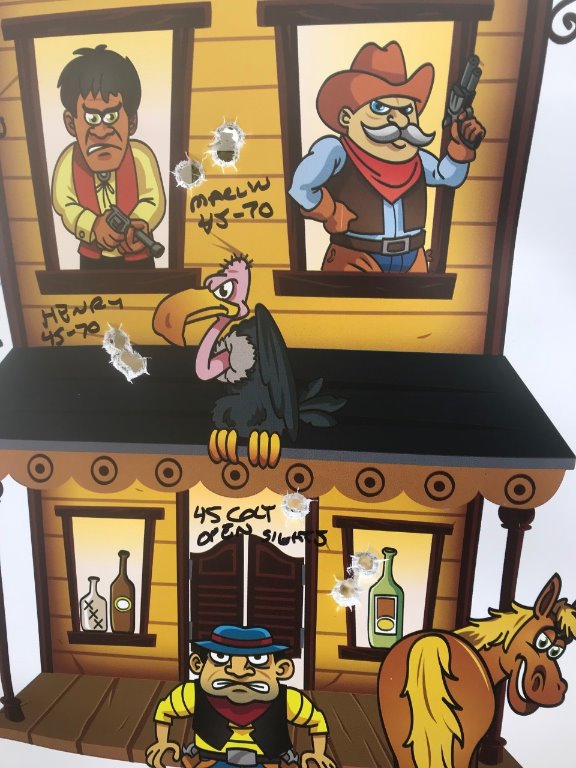 50 Yard, both plus 45 colt open sights