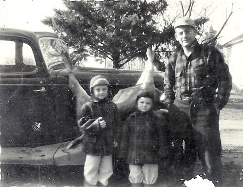 Jim, Dave, Donald with 34 Ford and deer down sized.jpg