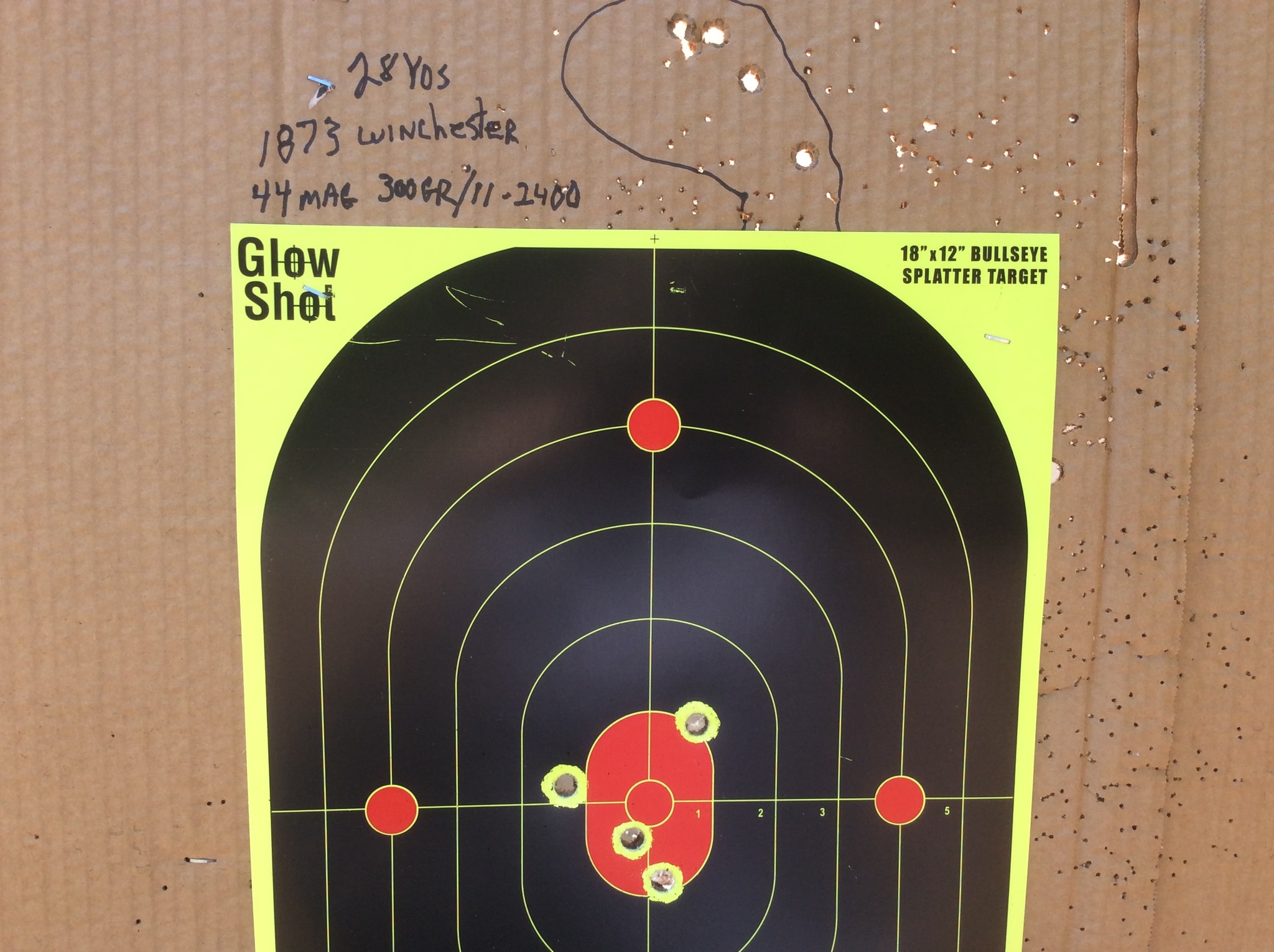 44 mag 300 gr load in 44 special case for 1873 Winchester  4 shots from 30 yds. first shots 5 5 23.jpg