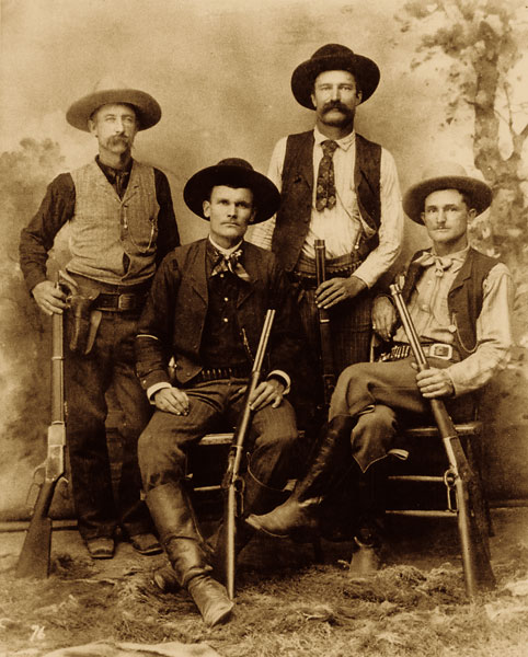 im Putman (standing, third from left) and other Texas Rangers Bob Speaks, Lon Oden, and John Hughes at the Shafter Mine in Texas, 1890.