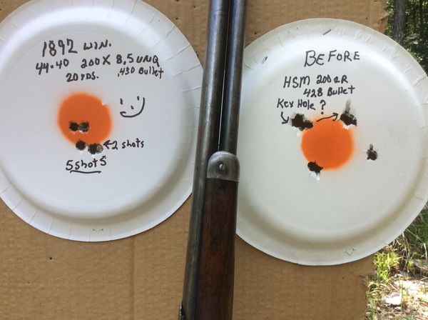 new load test for the 1892 winchester compared to factory load on right.jpg