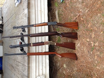 Long guns L-R...Marlin 60, Henry Big Boy .357, Stevens 66C, Winchester Model 94 (1951 Manufacture date)  Hanguns L-R....Ruger Blackhawk 45 auto/45 Colt, Colt Challenger, H&amp;R 900